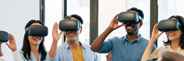 diverse group of people wear VR headsets and point with their hands